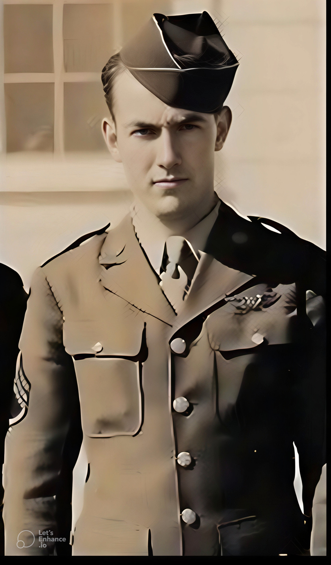 Enhanced historical portrait of Technical Sergeant Raymond Carl Richmond in uniform, reproduced from exhibit panel 1.