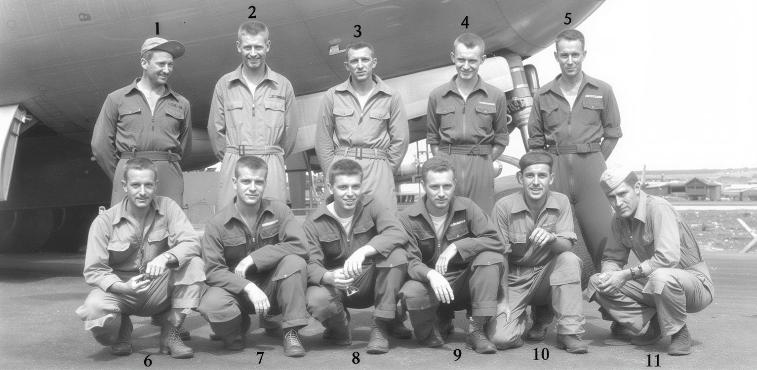 Eleven crew members in two rows, numbered 1 through 11; the matching names and roles follow. Raymond Richmond is number 5.
